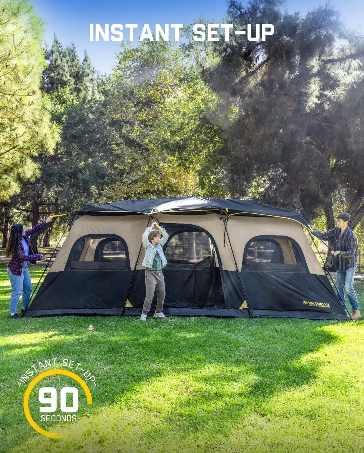 FanttikOutdoor Instant Cabin Tent 6/8/10/12 Person Camping Tent Setup in 60 Seconds with Rainfly & Windproof Portable with Carry Bag for Family Camping & Hiking, Upgraded Ventilation, Khaki