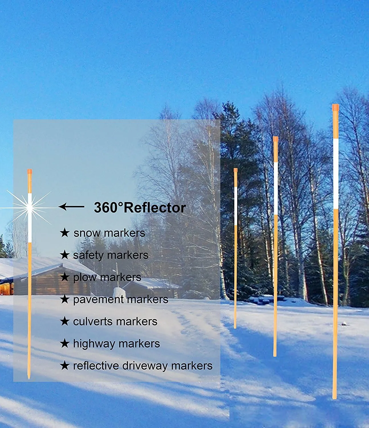 FiberMarkers 72Inch Reflective Driveway Markers Driveway Poles for Easy Visibility at Night 1/4inch Diameter Orange, 20pack, 6 Feet Long (Hollow Rod