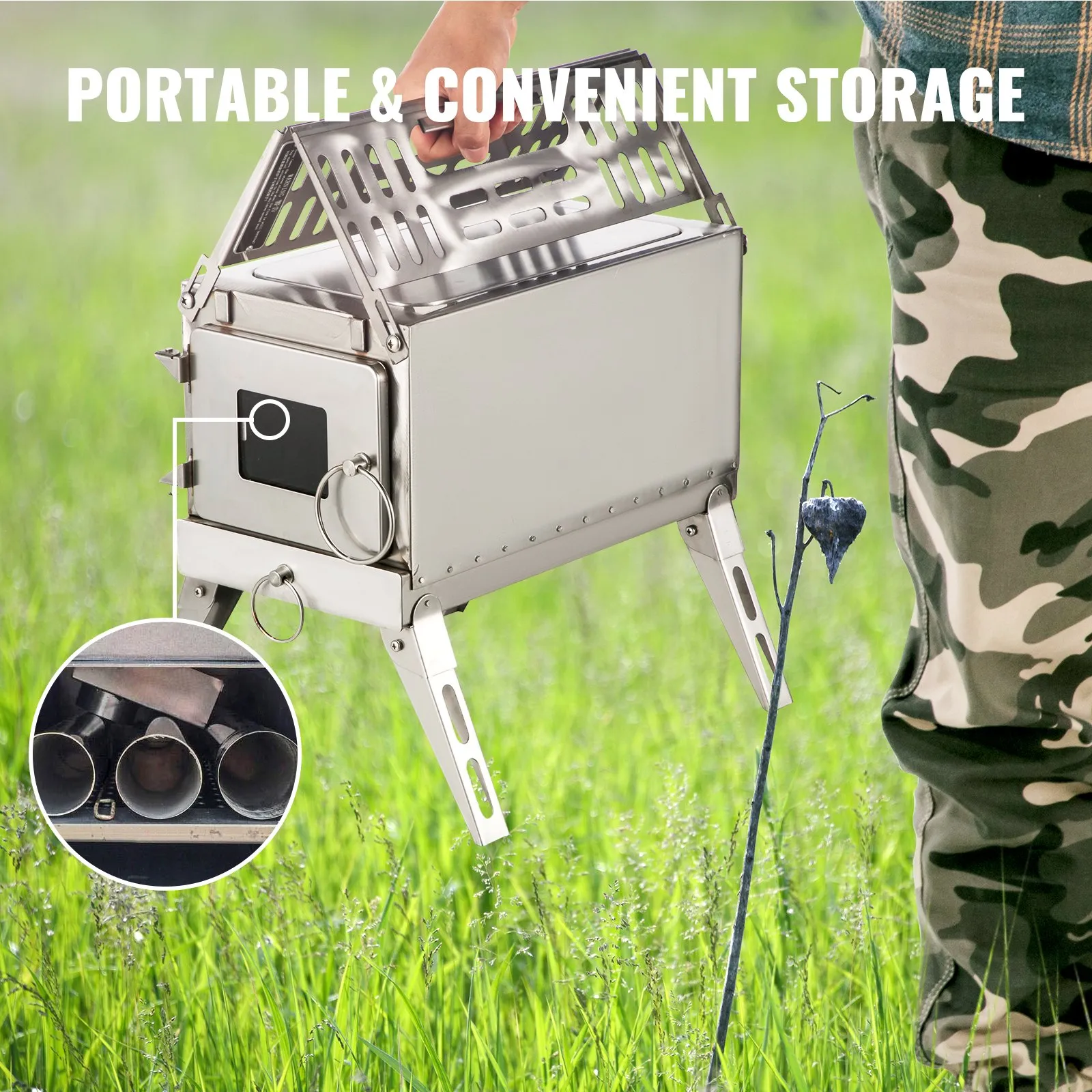 (FINAL PRICES ARE LOWER ON OUR SITE!) VEVOR Tent Wood Stove,Outdoor Camping Wood Burning Stove Stainless Steel With Folding Pipe,Portable Wood Stove 90.6'' Height Wood Tent Stove For Camping, Tent Heating, Hunting, Outdoor Cooking