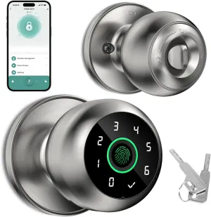 Fingerprint Door Lock - Fingerprint and Keypad Input Smart Door knob, App Controlled Biometric Door Lock, Keyless Entry, Bedroom, Office, Hotel, Apartment Auto Door knob (Satin Nickel)
