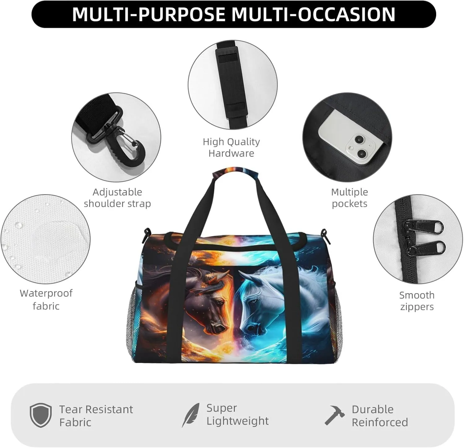Fire And Ice Horse Travel Duffel Bag Large Foldable Waterproof Overnight Bag For Beach Swim Bags Pool Sports Gym