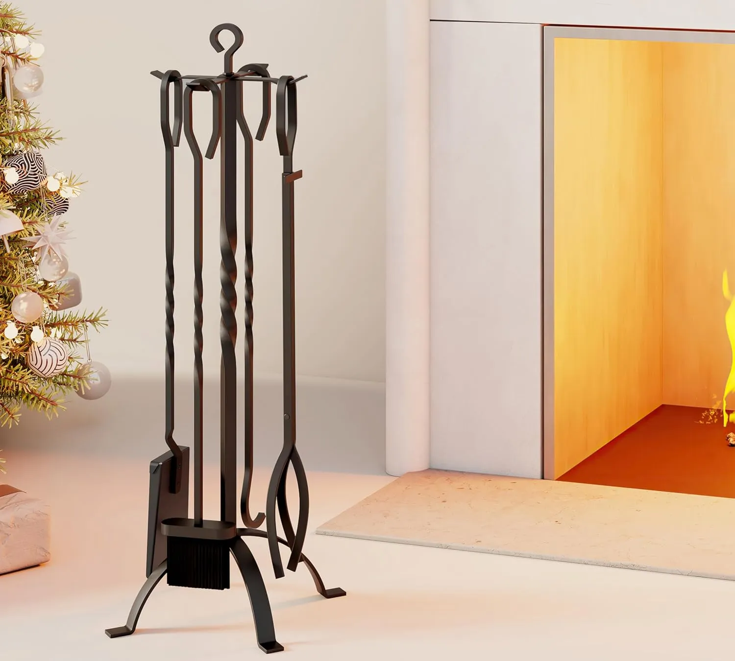 Fire Beauty 5 Pieces Fireplace Tools Sets Fireplace Accessories Tools Holder with Handles Tools for Indoor Fireplace Decor Outdoor Fire Pit Modern Tool(Sanded Black)