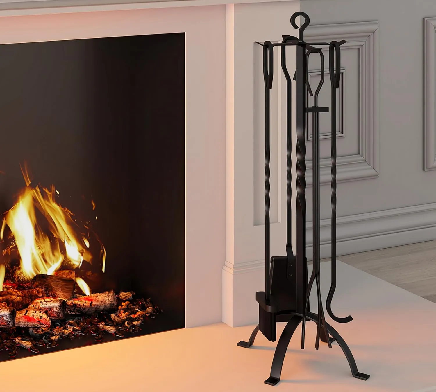 Fire Beauty 5 Pieces Fireplace Tools Sets Fireplace Accessories Tools Holder with Handles Tools for Indoor Fireplace Decor Outdoor Fire Pit Modern Tool(Sanded Black)