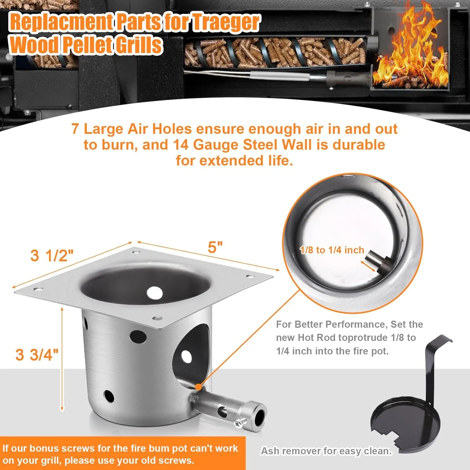 Fire Burn Pot and D2 Hot Rod Igniter Kit for Traeger Pro 575 & 780, Ironwood 650 & 885, Timberline 850 DC &1300 DC Wood Pellet Grills with D2 Direct Drive and WiFIRE Technology