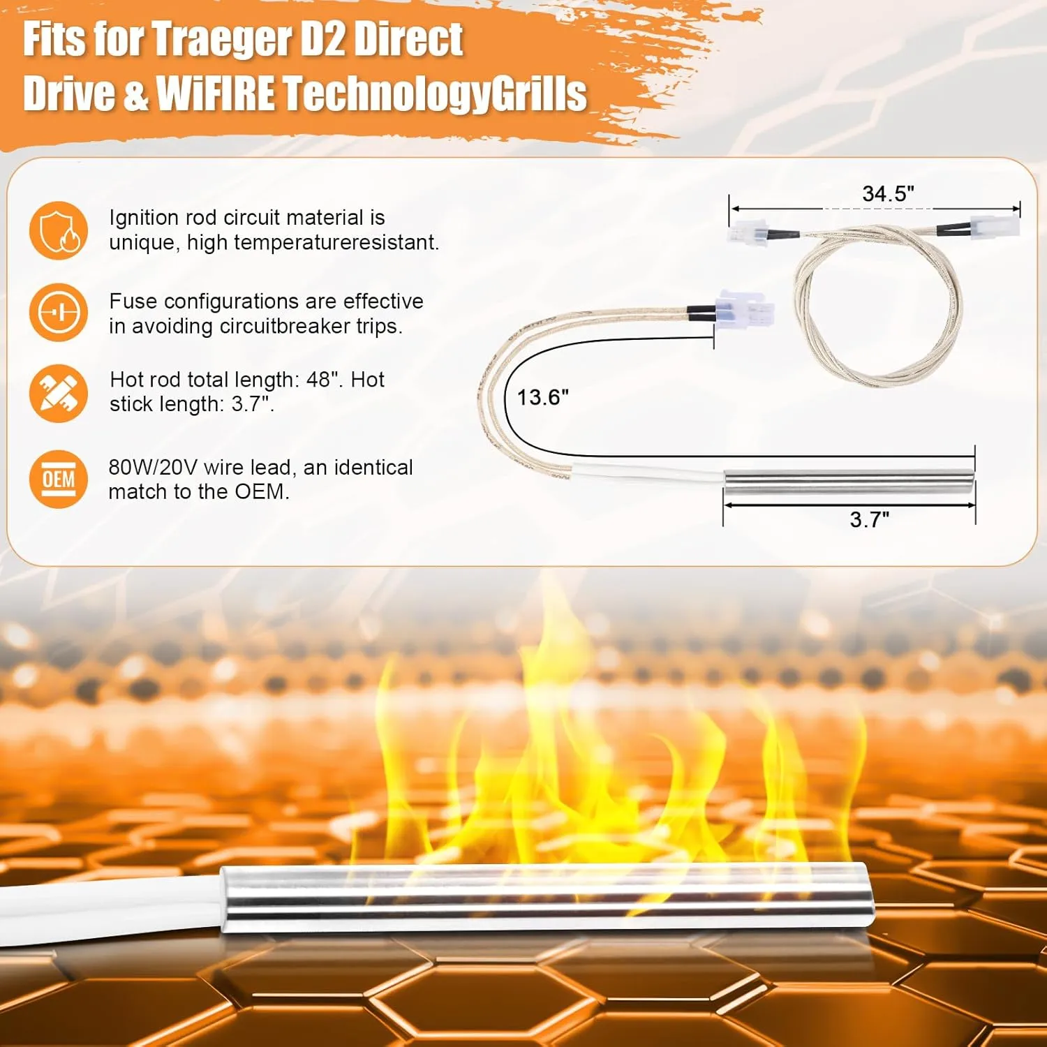 Fire Burn Pot and D2 Hot Rod Igniter Kit for Traeger Pro 575 & 780, Ironwood 650 & 885, Timberline 850 DC &1300 DC Wood Pellet Grills with D2 Direct Drive and WiFIRE Technology