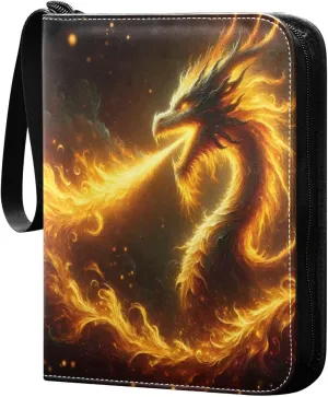 Fire Dragon Oil Painting Card Binder 4-Pocket, 400 Pockets PU Waterproof Zippered Collector Card Album with 50 Removable Sleeves for Trading, Game Cards