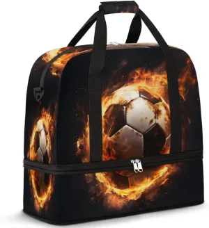 Fire Football Foldable Duffle Bag with Shoes Compartment Large Capacity Waterproof Travel Weekender Bag Overnight Bag for Sports Gym
