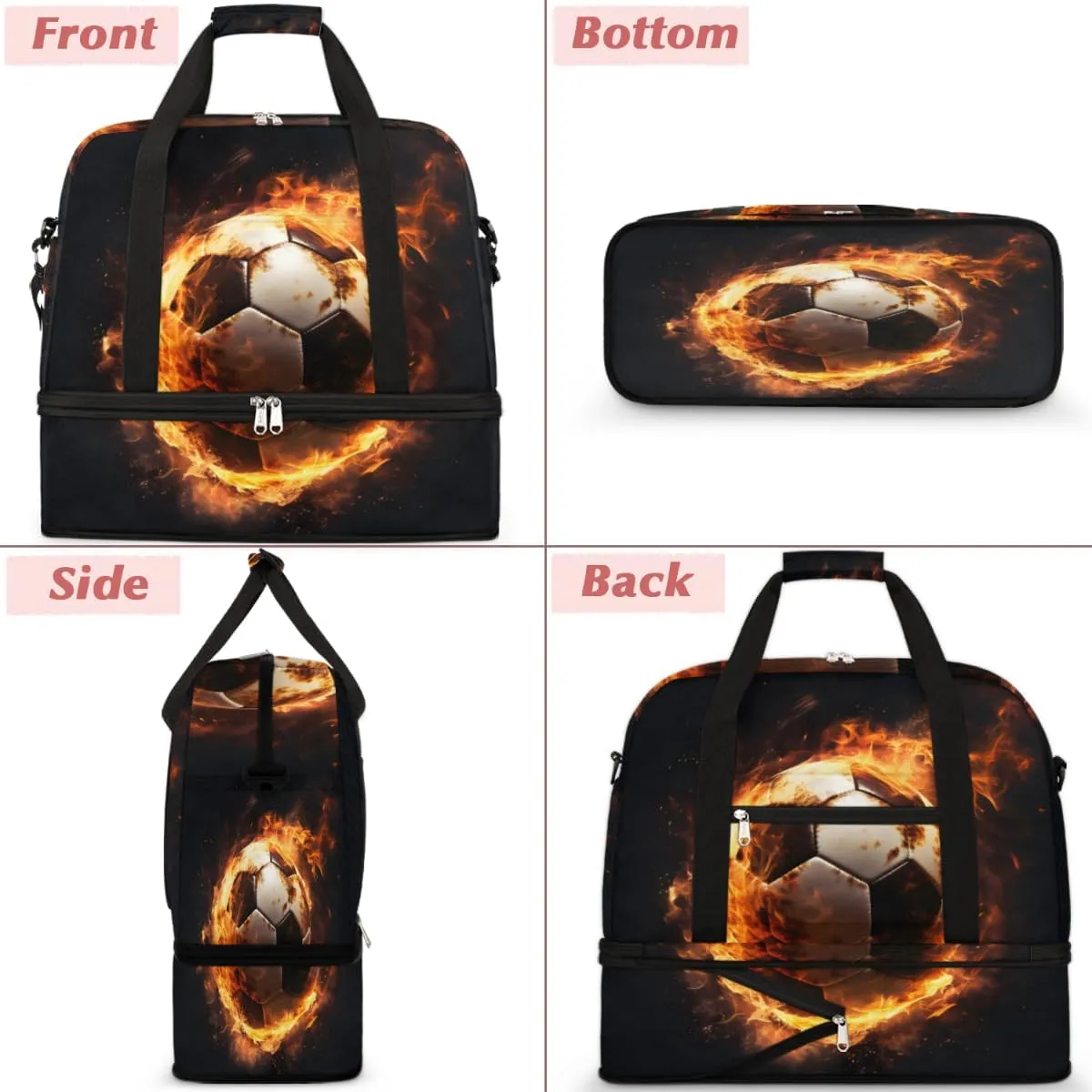Fire Football Foldable Duffle Bag with Shoes Compartment Large Capacity Waterproof Travel Weekender Bag Overnight Bag for Sports Gym