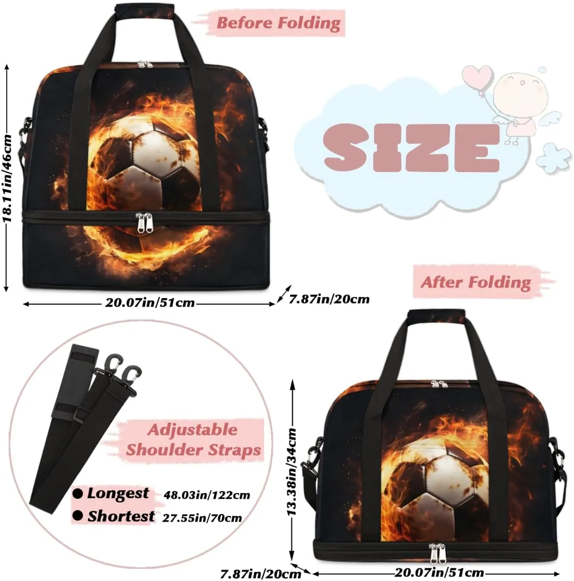 Fire Football Foldable Duffle Bag with Shoes Compartment Large Capacity Waterproof Travel Weekender Bag Overnight Bag for Sports Gym