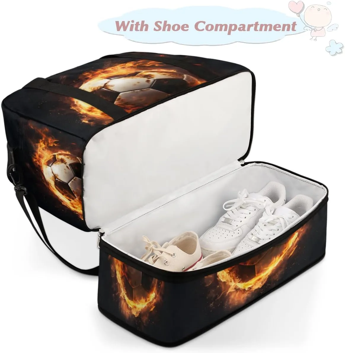 Fire Football Foldable Duffle Bag with Shoes Compartment Large Capacity Waterproof Travel Weekender Bag Overnight Bag for Sports Gym