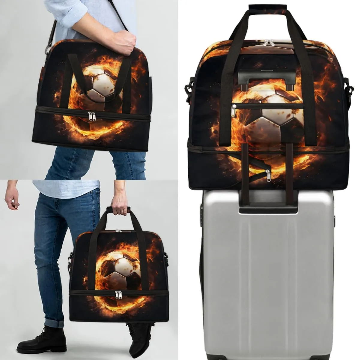 Fire Football Foldable Duffle Bag with Shoes Compartment Large Capacity Waterproof Travel Weekender Bag Overnight Bag for Sports Gym