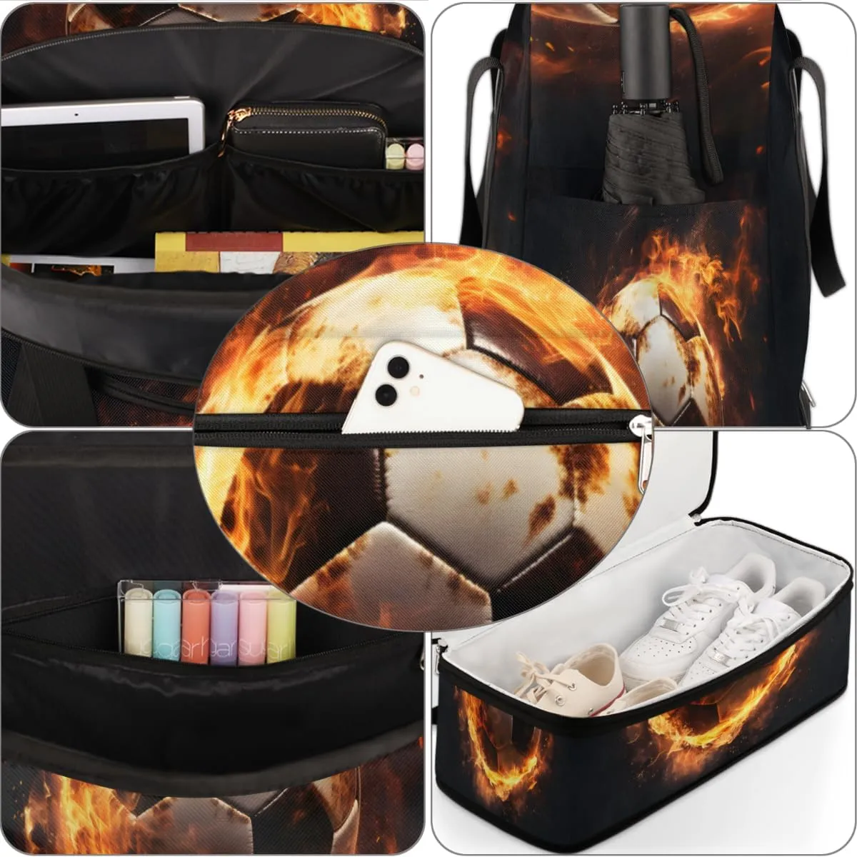 Fire Football Foldable Duffle Bag with Shoes Compartment Large Capacity Waterproof Travel Weekender Bag Overnight Bag for Sports Gym