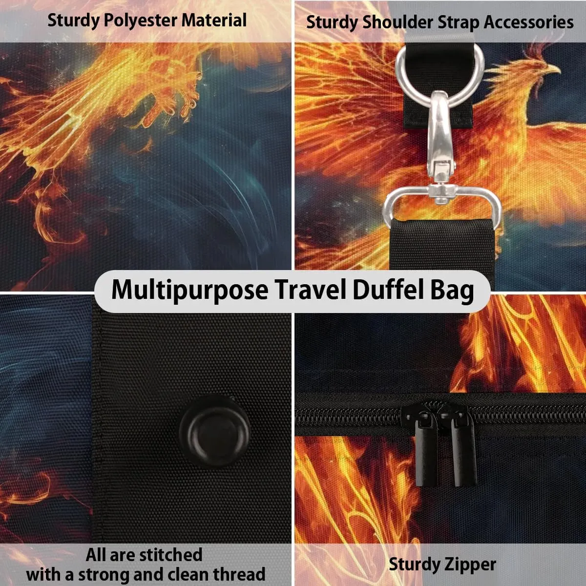 Fire Phoenix Travel Duffel Bag for Women Men Waterproof Foldable Overnight Weekender Bag Large Capacity Sports Gym Bag
