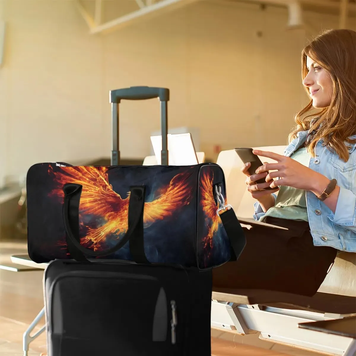 Fire Phoenix Travel Duffel Bag for Women Men Waterproof Foldable Overnight Weekender Bag Large Capacity Sports Gym Bag