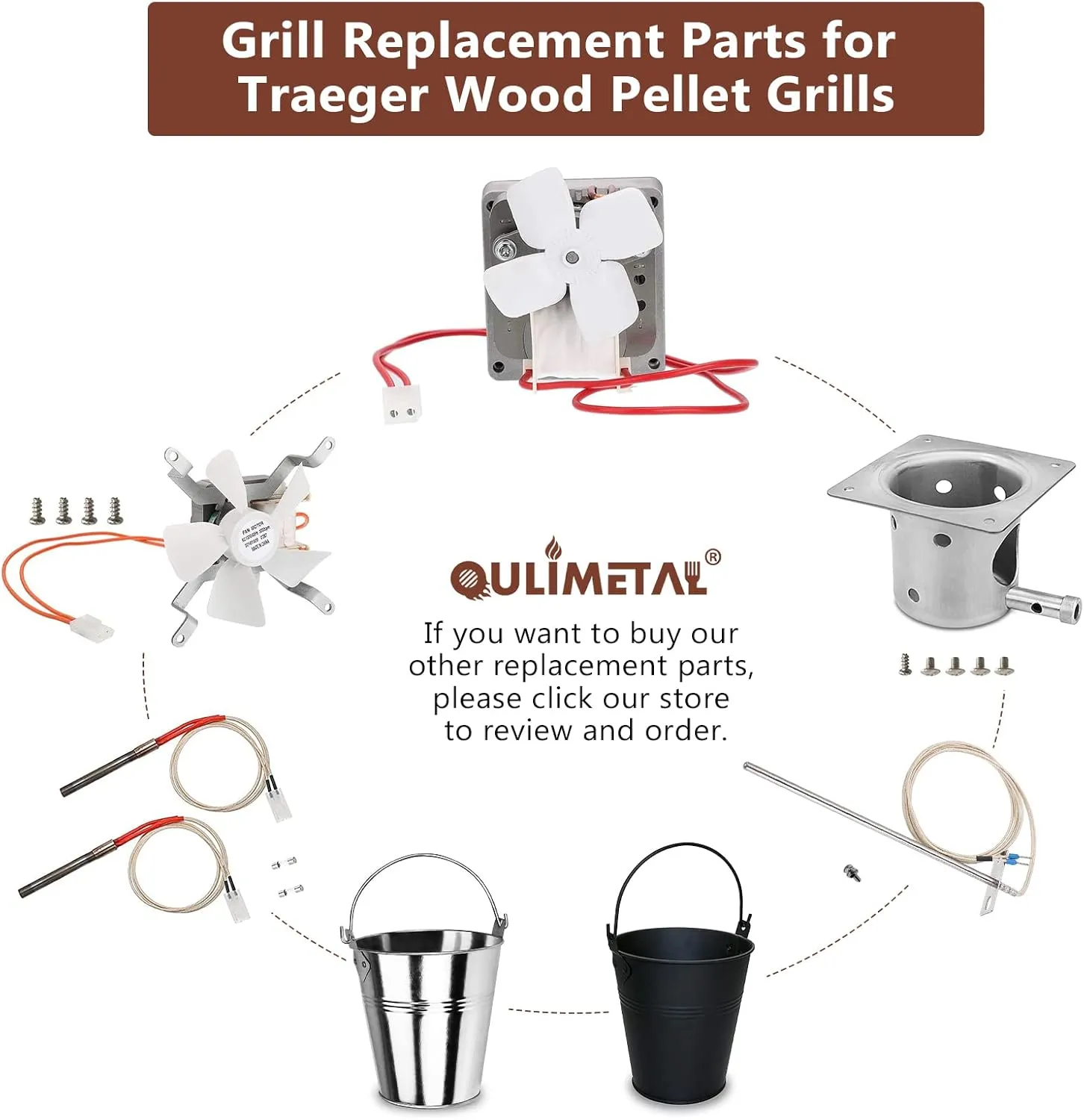 Fire Pot Burn Pot and Hot Rod Ignitor Kit Replacement for Traeger, Pit Boss and and Camp Chef Pellet Grill/Smoker Parts - Heavy Duty Black Enamel Fire Pot with Ash Remover, Screws and Fuse