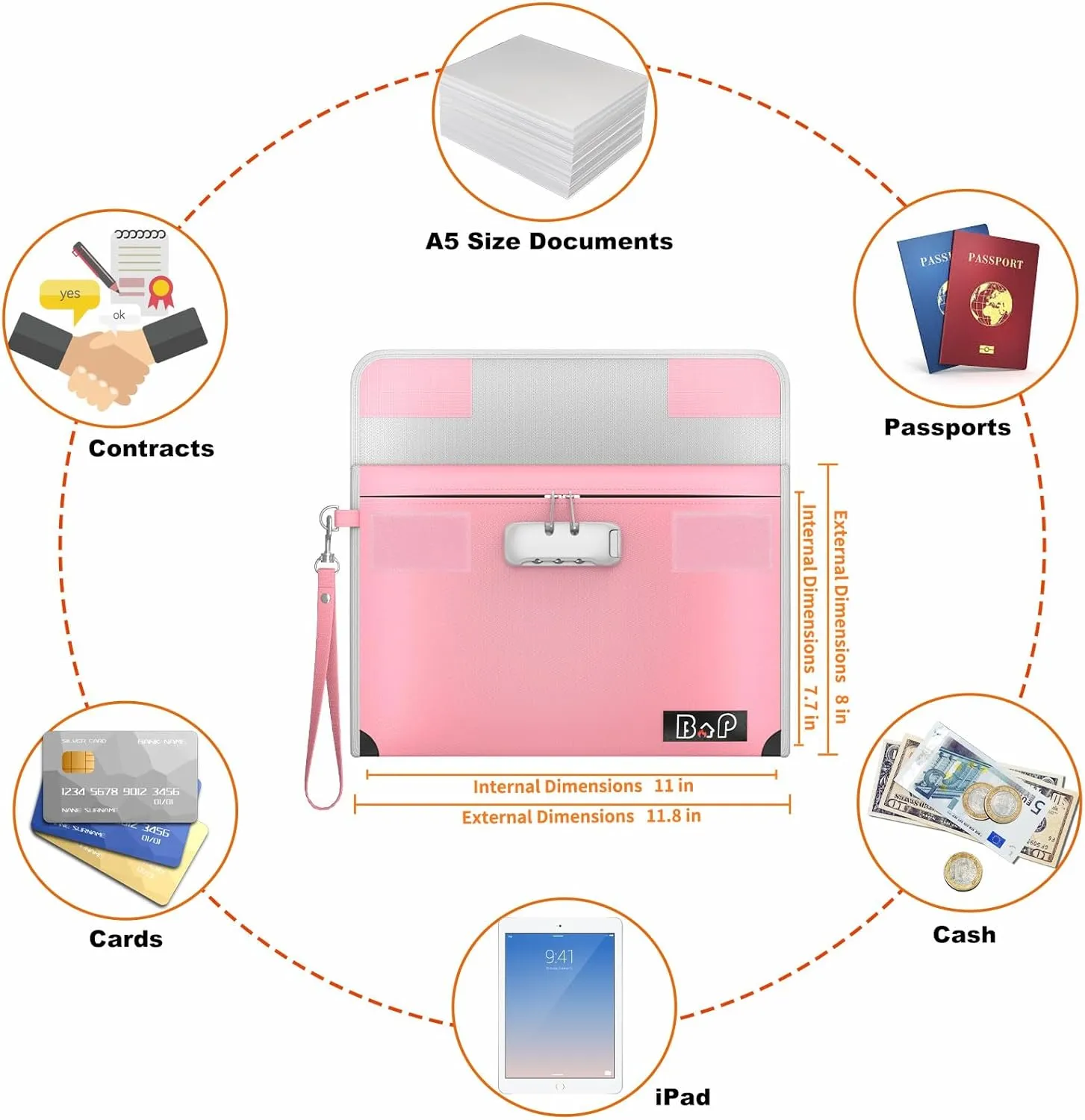 Fireproof Document Bag with Lock - 5200°F Heat Insulated, Water Fire Proof Bag with Zipper, Fireproof Money Bag for Cash, A5 Size Documents, Passport and Valuables, 11”X 7.7”(Pink)