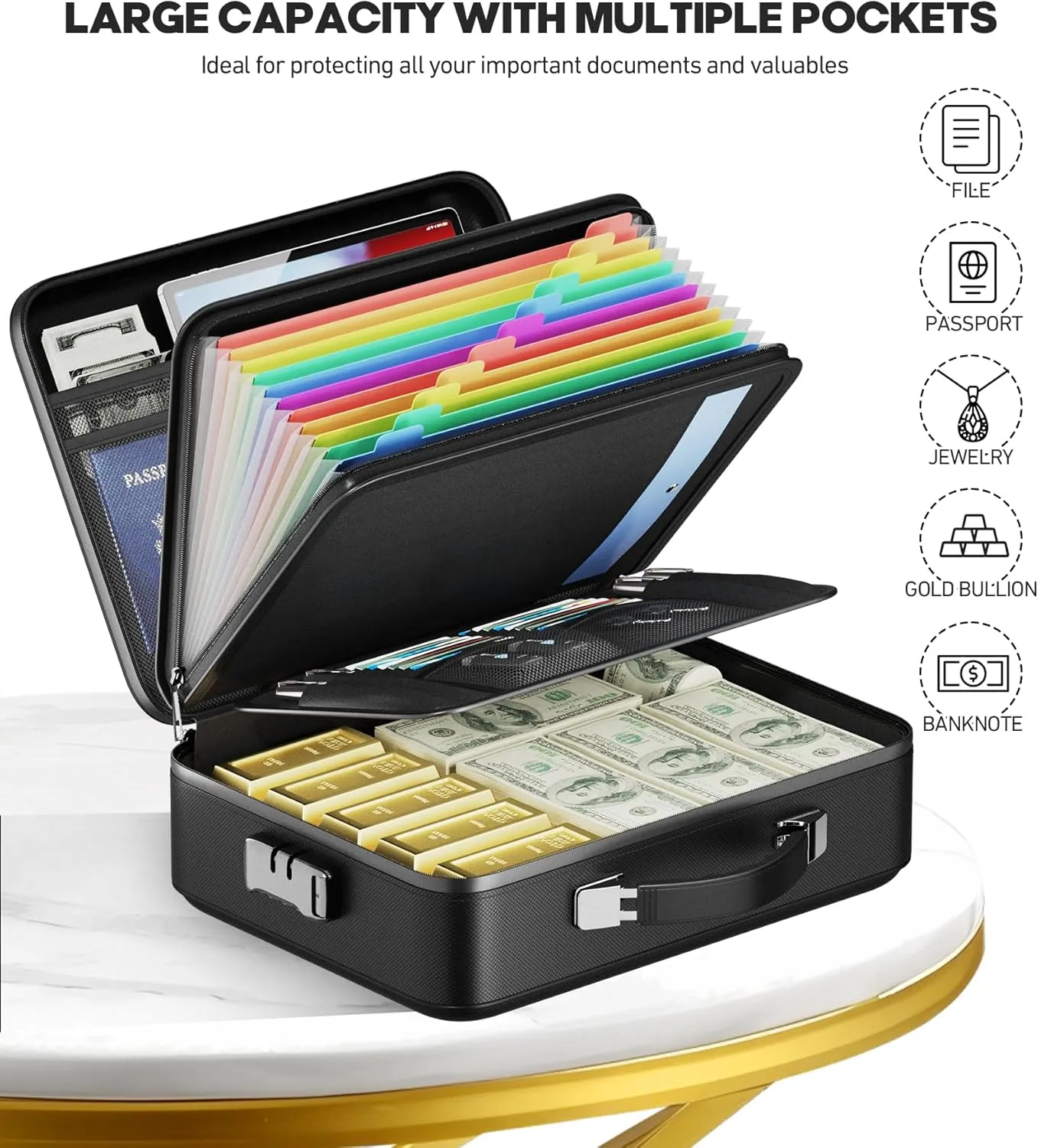Fireproof Document Box, Hard Case Highly Flame-Resistant Fire Proof Waterproof File Organizer with Lock, Portable Fire Safe for Important Documents & Valuables Storage (Black, ‎15"*11"*5")