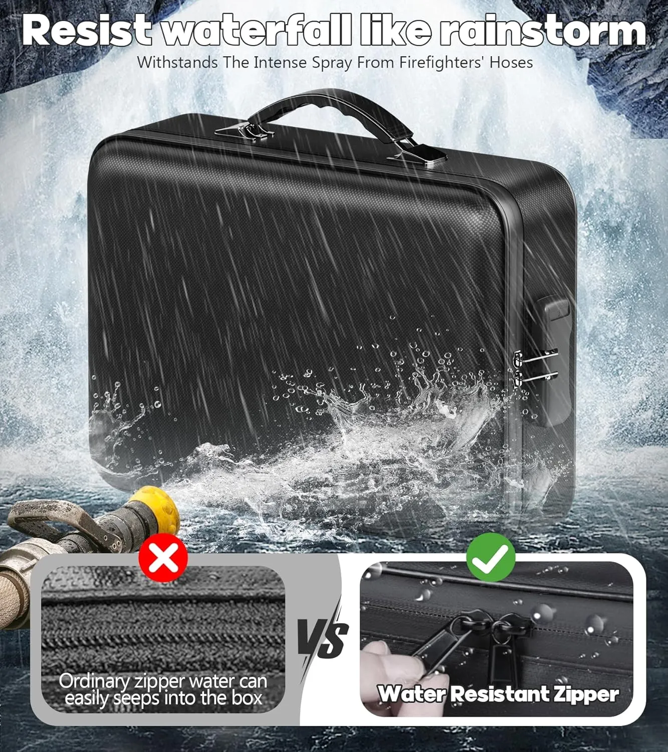 Fireproof Document Box, Hard Case Highly Flame-Resistant Fire Proof Waterproof File Organizer with Lock, Portable Fire Safe for Important Documents & Valuables Storage (Black, ‎15"*11"*5")