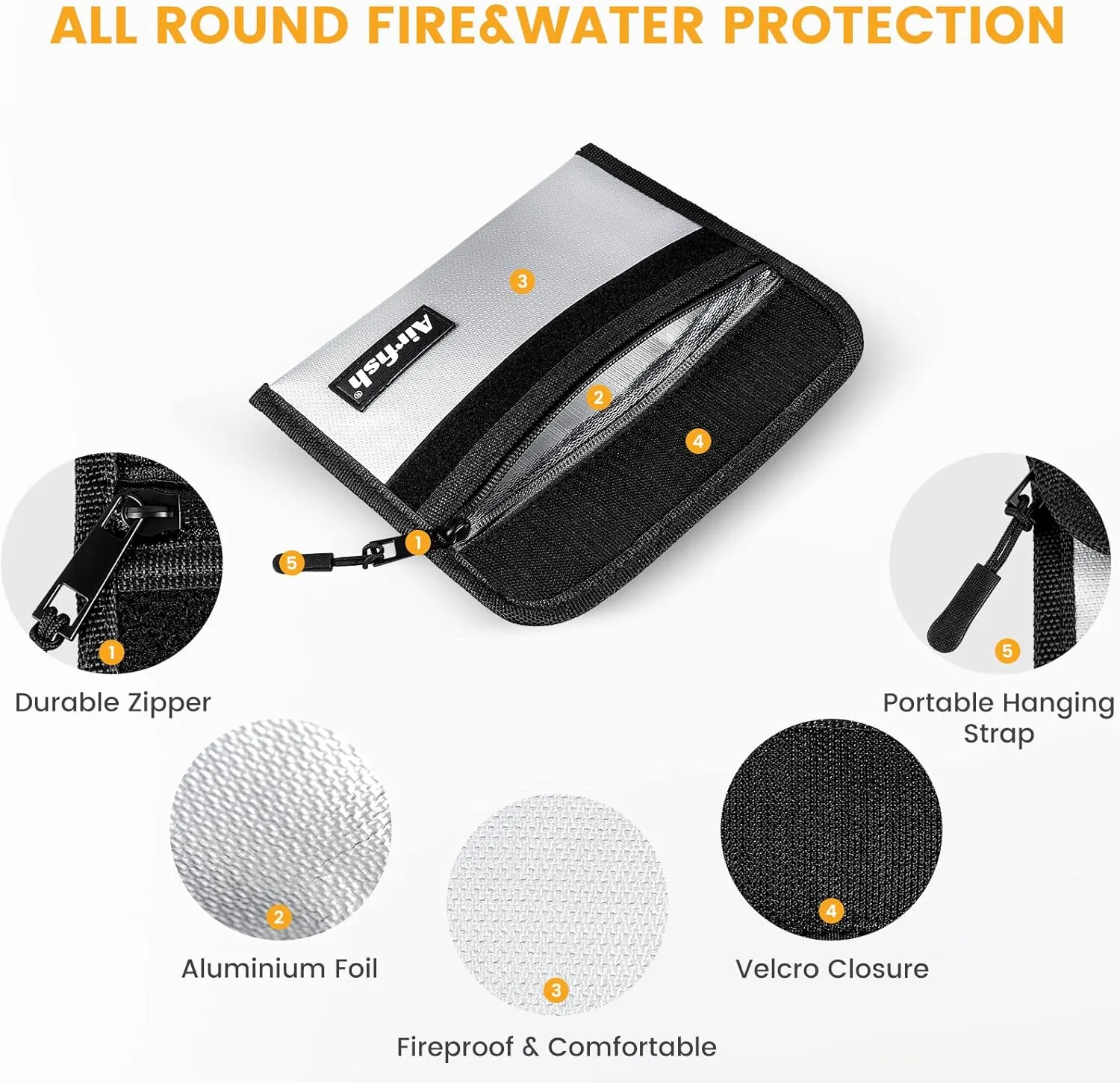 Fireproof Money Bag, 5 x 8 inches Fireproof Wallet, Waterproof Cash Bag with Zipper, Small Fireproof Cash Bag for Valuables