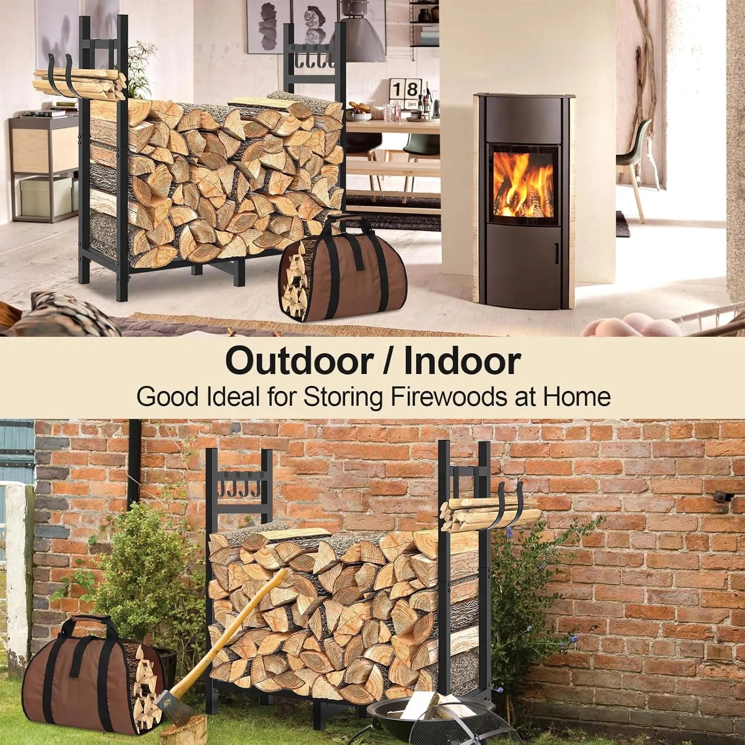 Firewood Rack Outdoor Indoor Holder with Log Carrier, Metal Heavy Duty Log Stand Stacker Holder with Kindling Hooks, Adjustable Stand Organizer Fire Wood Carrier Pads for Firewood Storage Fireplace
