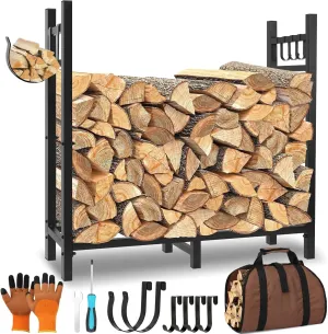 Firewood Rack Outdoor Indoor Holder with Log Carrier, Metal Heavy Duty Log Stand Stacker Holder with Kindling Hooks, Adjustable Stand Organizer Fire Wood Carrier Pads for Firewood Storage Fireplace