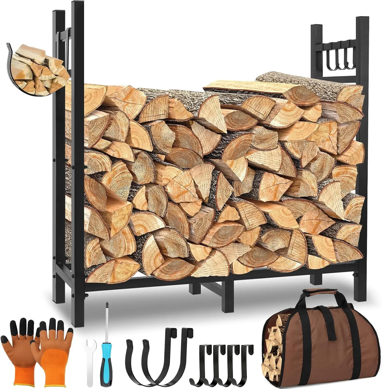 Firewood Rack Outdoor Indoor Holder with Log Carrier, Metal Heavy Duty Log Stand Stacker Holder with Kindling Hooks, Adjustable Stand Organizer Fire Wood Carrier Pads for Firewood Storage Fireplace
