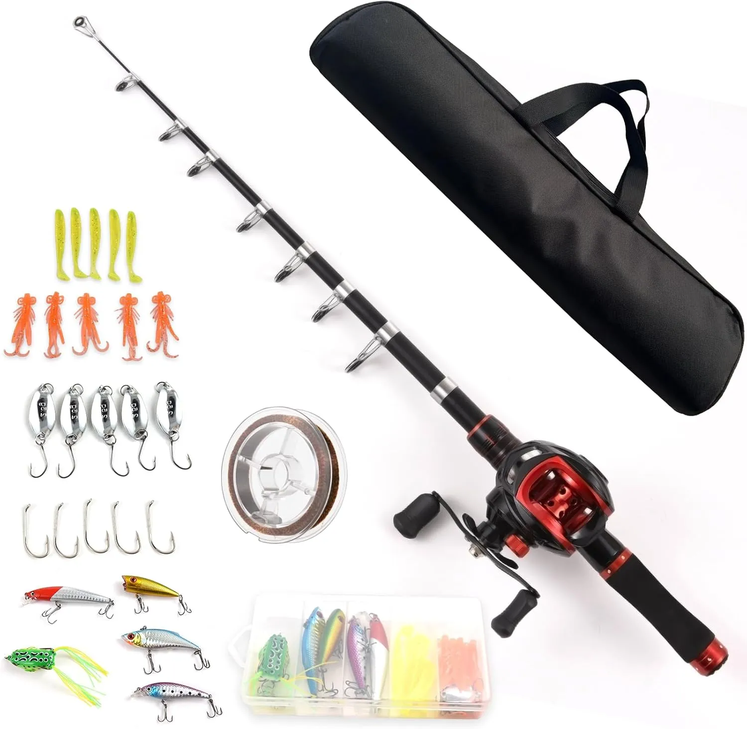 Fishing Rod and Reel Combo, Telescopic Fishing Rod Fishing Rod and Reel Combo 2.1M Telescopic Fishing Rod with Left Hand Baitcasting Reel