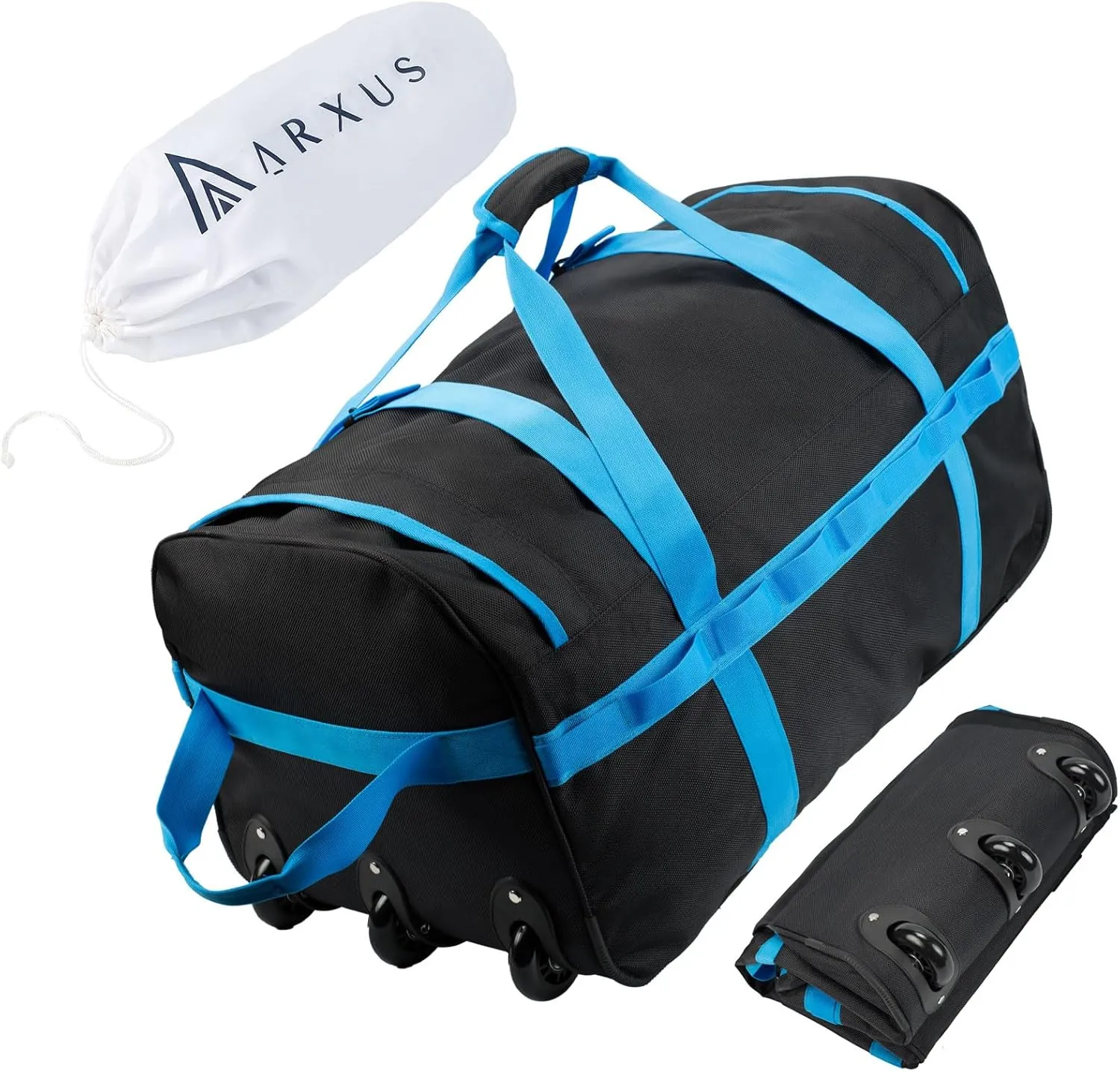 Foldable Duffel Bag with Wheels, 85L Large Handle Carry on Storage Rolling Wheeled Bag for Travel Sports Camping Weekend Overnight, Blue
