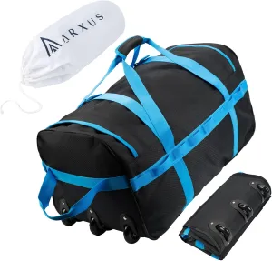 Foldable Duffel Bag with Wheels, 85L Large Handle Carry on Storage Rolling Wheeled Bag for Travel Sports Camping Weekend Overnight, Blue