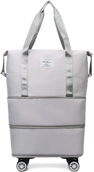 Foldable Duffle Travel Bag with Wheels, Expandable Rolling Duffle Suitcase, Detachable Rolling Luggage Wheels, Carry-on Large Duffel Bag, Suit Gym, Camping or Business Trip (Grey)