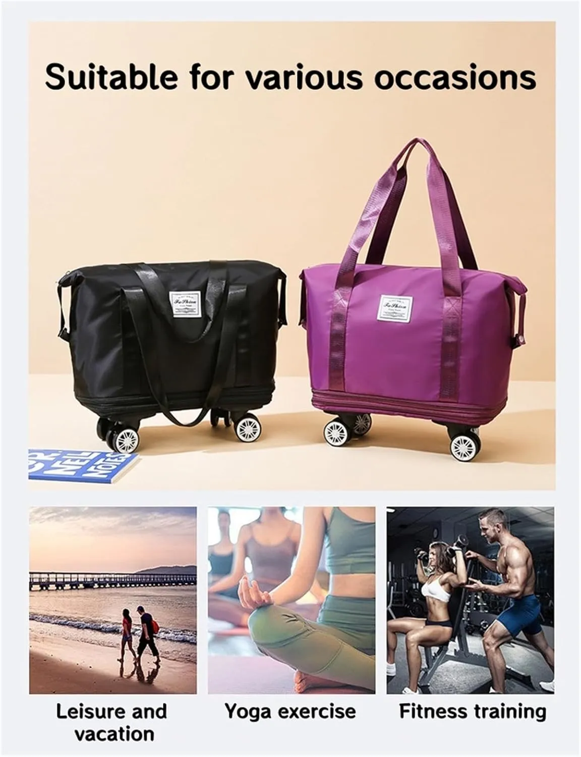 Foldable Duffle Travel Bag with Wheels, Expandable Rolling Duffle Suitcase, Detachable Rolling Luggage Wheels, Carry-on Large Duffel Bag, Suit Gym, Camping or Business Trip (Grey)