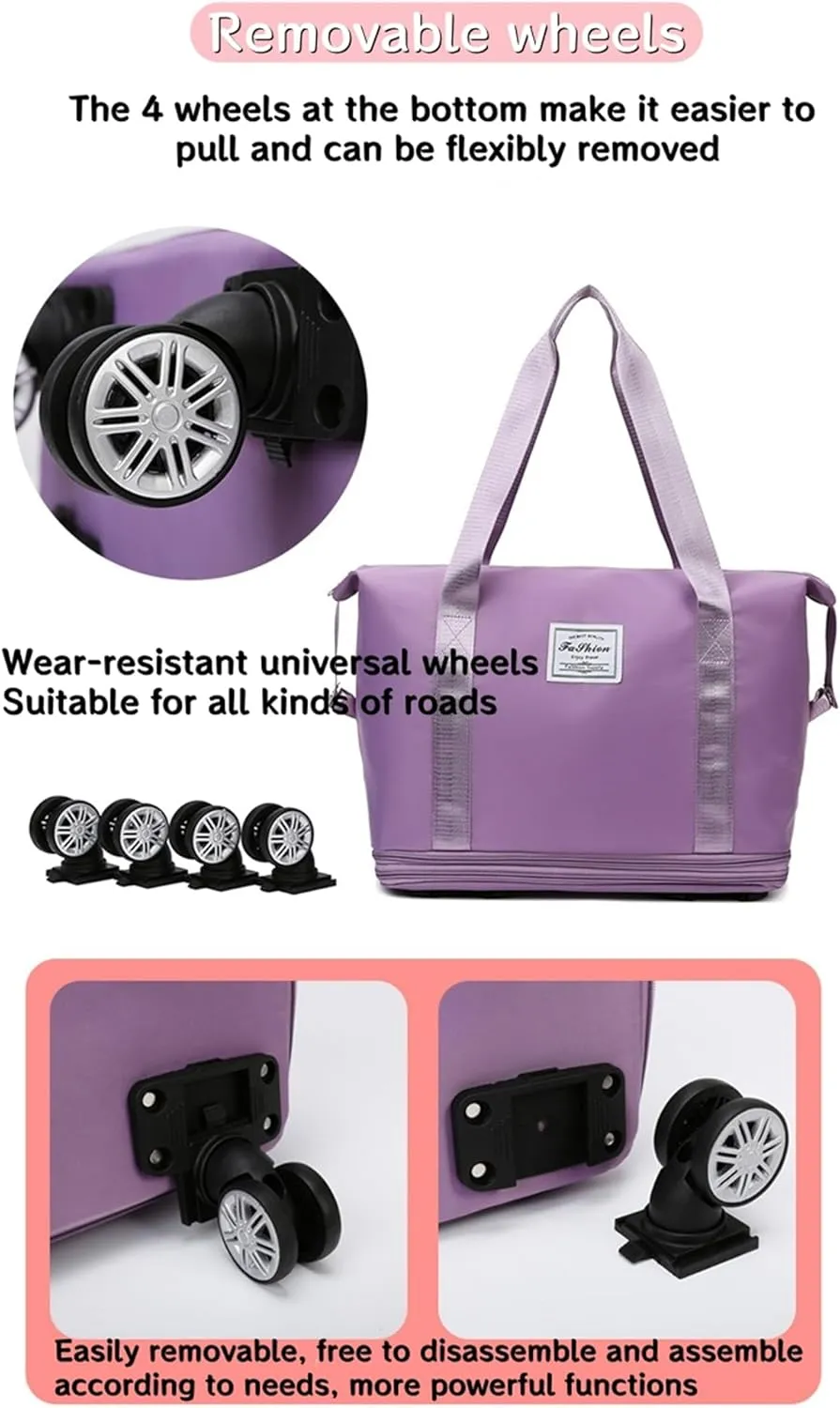 Foldable Duffle Travel Bag with Wheels, Expandable Rolling Duffle Suitcase, Detachable Rolling Luggage Wheels, Carry-on Large Duffel Bag, Suit Gym, Camping or Business Trip (Grey)