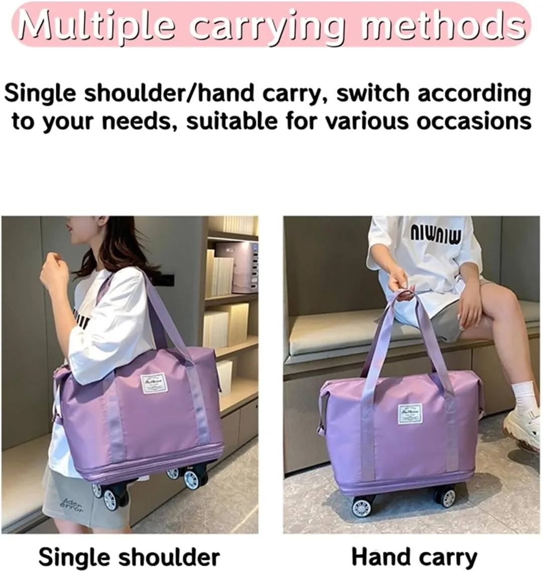 Foldable Duffle Travel Bag with Wheels, Expandable Rolling Duffle Suitcase, Detachable Rolling Luggage Wheels, Carry-on Large Duffel Bag, Suit Gym, Camping or Business Trip (Grey)