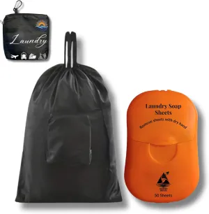 Foldable Laundry Bag with Laundry Detergent Sheets - Travel Detergent Soap for Portable Use - Dorm Essentials, Also for Camping, Hotels, Cruises for Easy Washing on the Go