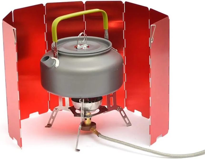 Foldable Outdoor Stove Windshield, 8 Plates Aluminum Camping Stove Windscreen with Storage Box,for Camping Picnic, Backpacking, Cooking(Red)