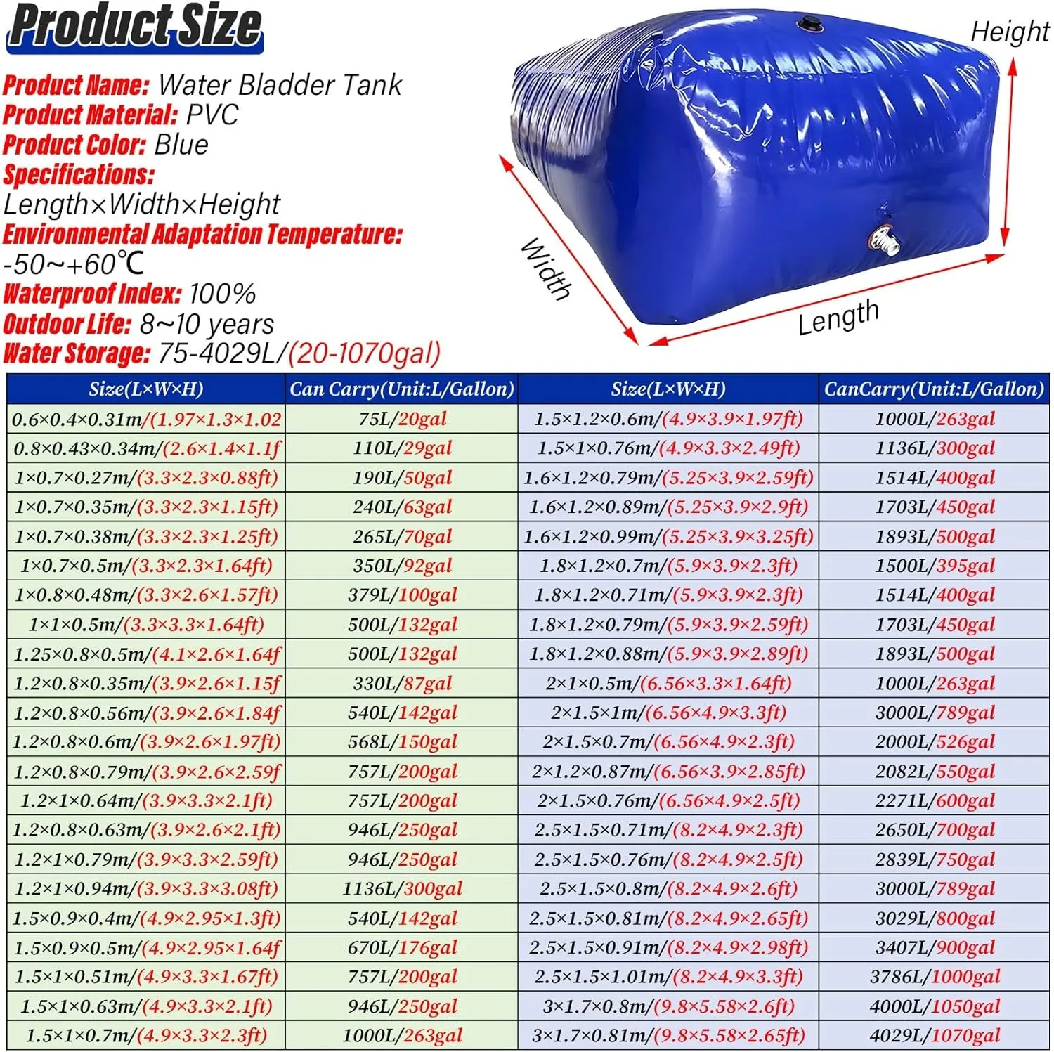Foldable Portable Soft Water Bag Bathtub Bladder for Emergency Water Storage, 200 500 1000 Gal Portable Water Tank with Valve/Foldable Water Container for Resistance Agricultural Irrigation Emerge