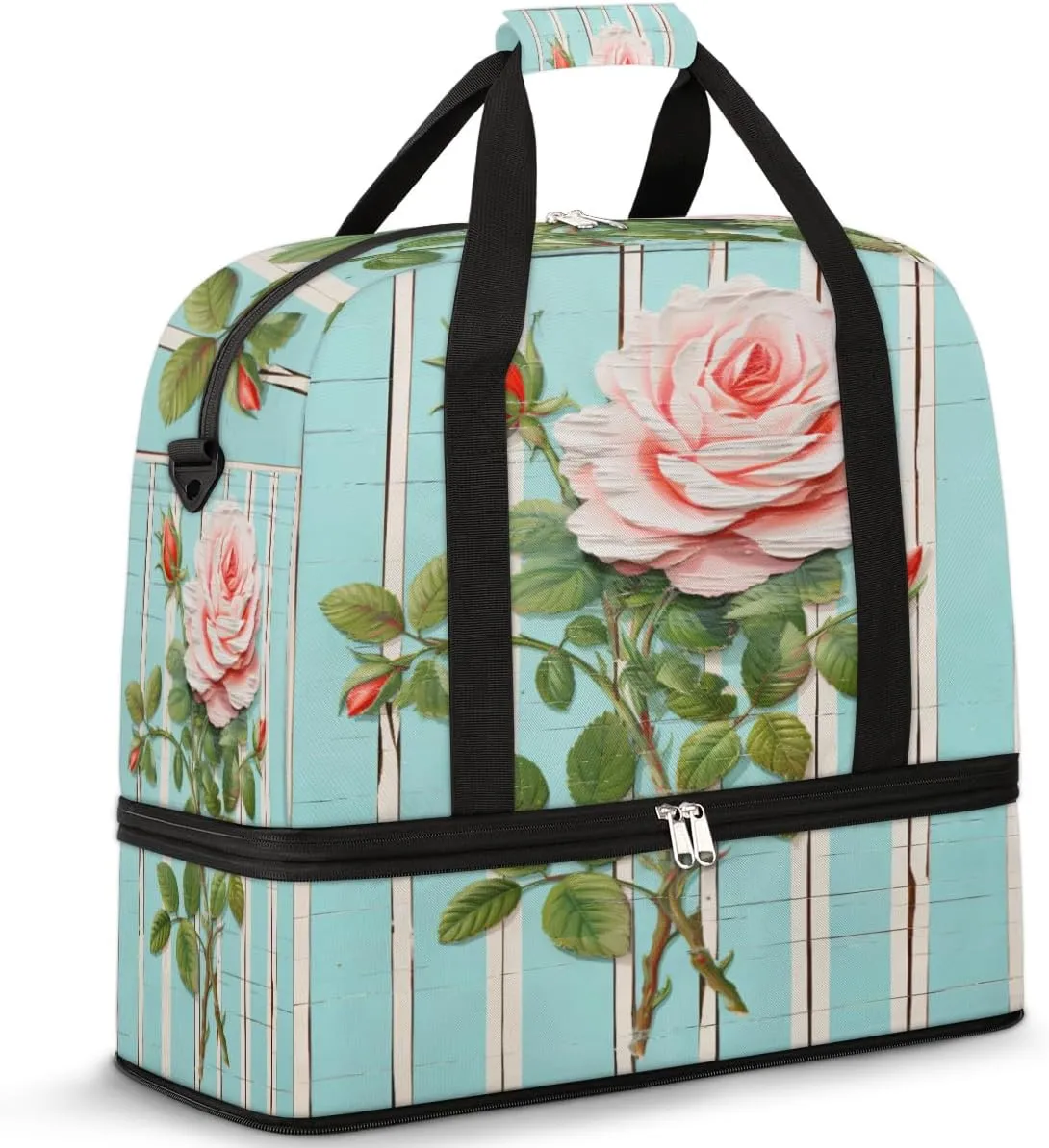 Foldable Travel Duffel Bag for Women, Wood Rose Overnight Weekender Bag Carry on Duffel Bag Luggage Sports Gym Tote Bag with Shoes Compartment, Water Rresistant Shoulder Bag