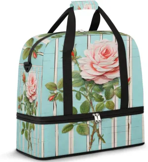 Foldable Travel Duffel Bag for Women, Wood Rose Overnight Weekender Bag Carry on Duffel Bag Luggage Sports Gym Tote Bag with Shoes Compartment, Water Rresistant Shoulder Bag