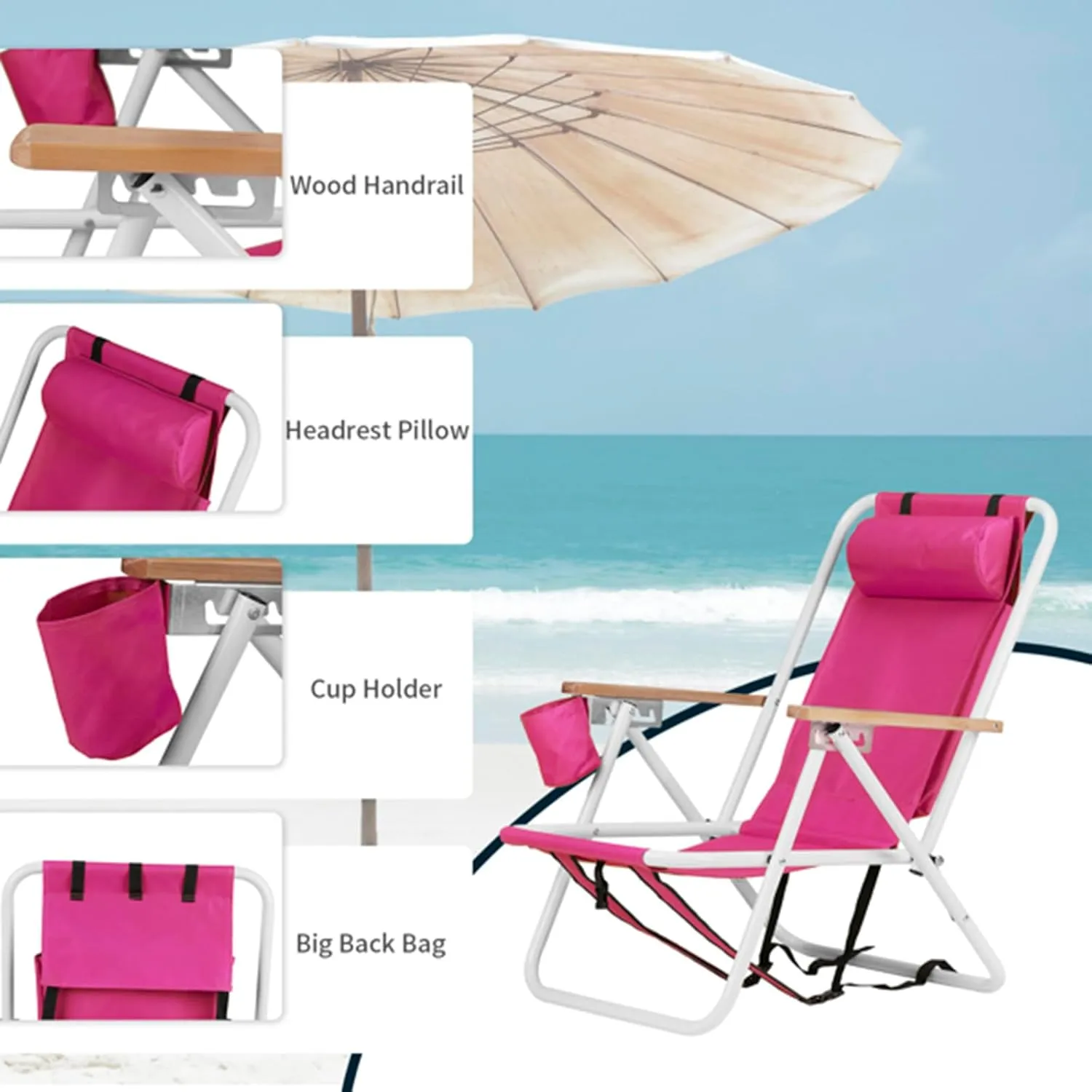 Folding Beach Chair Set of 2 for Adults,4 Position Portable Backpack Foldable Camping Chair with Headrest Cup Holder and Wooden Armrests,Adjustable high Beach Lounge Chairs for Outdoor (2PcsRed)
