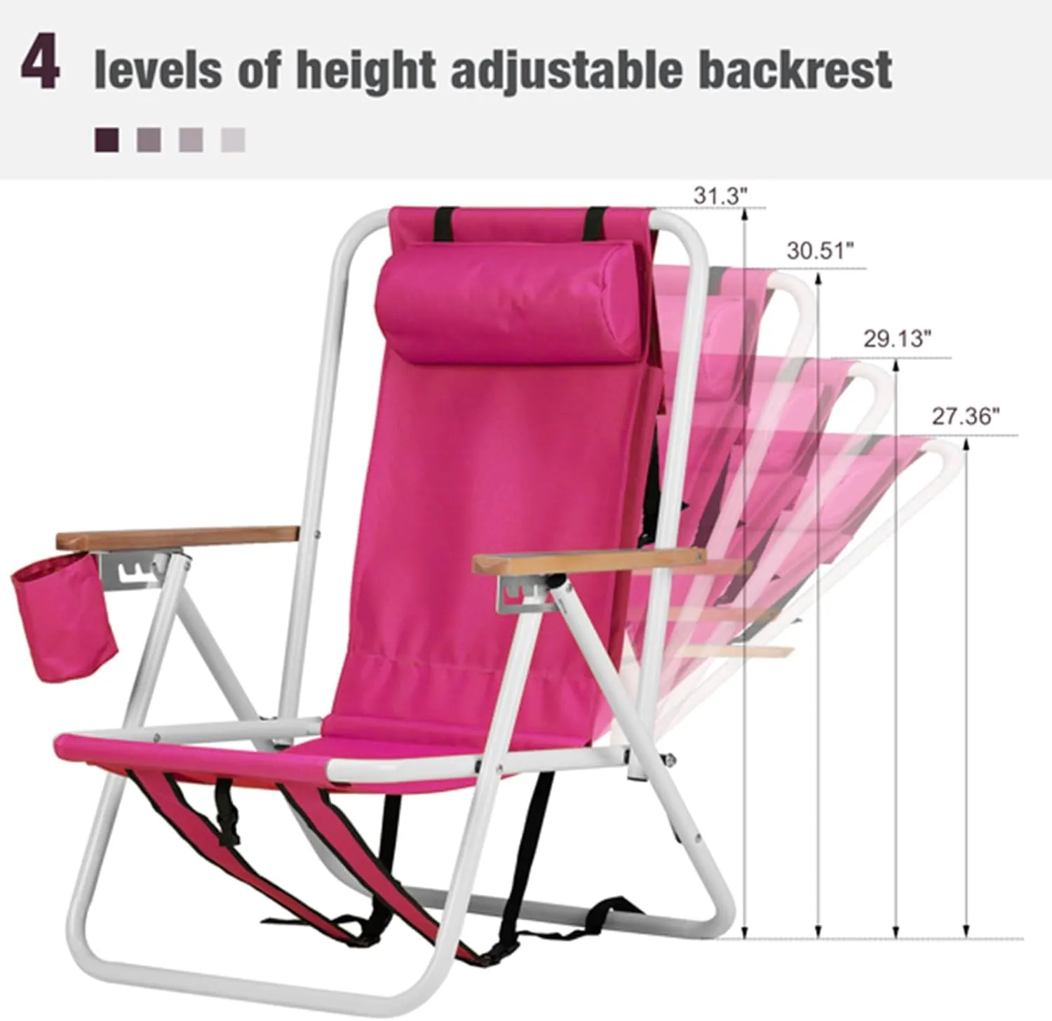 Folding Beach Chair Set of 2 for Adults,4 Position Portable Backpack Foldable Camping Chair with Headrest Cup Holder and Wooden Armrests,Adjustable high Beach Lounge Chairs for Outdoor (2PcsRed)