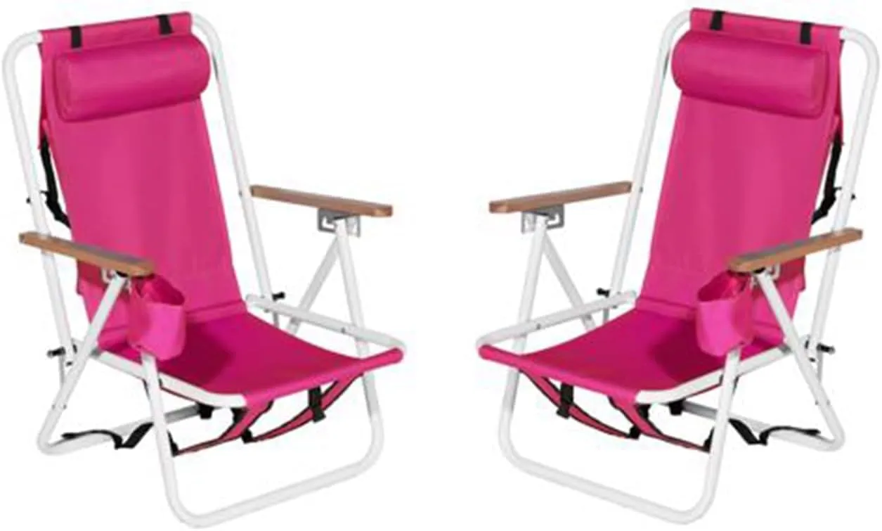 Folding Beach Chair Set of 2 for Adults,4 Position Portable Backpack Foldable Camping Chair with Headrest Cup Holder and Wooden Armrests,Adjustable high Beach Lounge Chairs for Outdoor (2PcsRed)