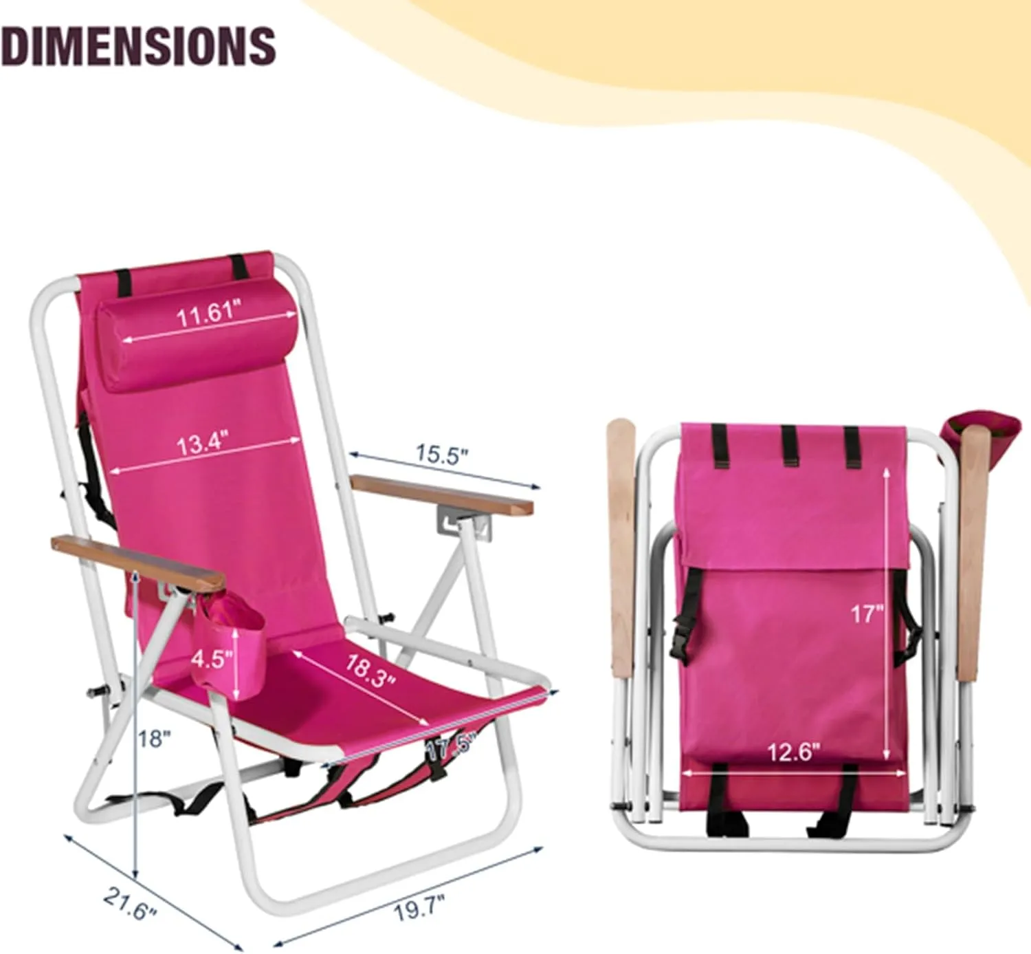 Folding Beach Chair Set of 2 for Adults,4 Position Portable Backpack Foldable Camping Chair with Headrest Cup Holder and Wooden Armrests,Adjustable high Beach Lounge Chairs for Outdoor (2PcsRed)