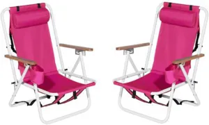 Folding Beach Chair Set of 2 for Adults,4 Position Portable Backpack Foldable Camping Chair with Headrest Cup Holder and Wooden Armrests,Adjustable high Beach Lounge Chairs for Outdoor (2PcsRed)