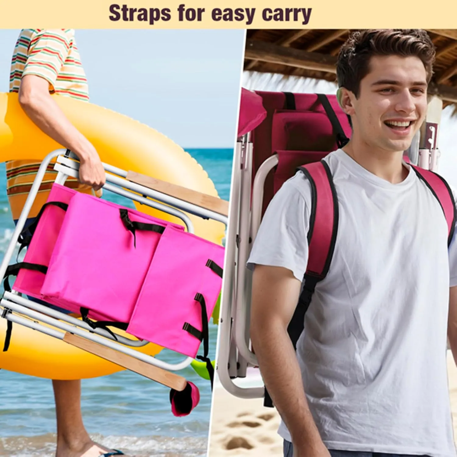Folding Beach Chair Set of 2 for Adults,4 Position Portable Backpack Foldable Camping Chair with Headrest Cup Holder and Wooden Armrests,Adjustable high Beach Lounge Chairs for Outdoor (2PcsRed)