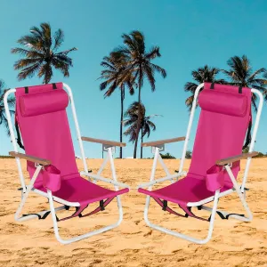 Folding Beach Chairs for Adults 2 Pack,Lightweight Reclining Backpack Camping Chair with Headrest Cup Holder and Wooden Armrests,Collapsible Compact Lawn Chair for Outdoor,Camp,Hiking,Pink 2 Pcs