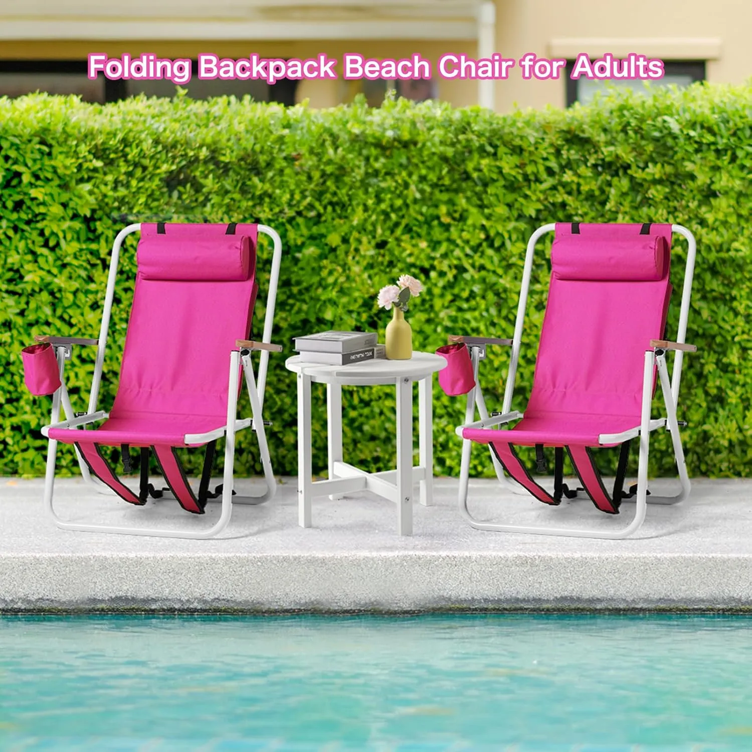 Folding Beach Chairs for Adults 2 Pack,Lightweight Reclining Backpack Camping Chair with Headrest Cup Holder and Wooden Armrests,Collapsible Compact Lawn Chair for Outdoor,Camp,Hiking,Pink 2 Pcs