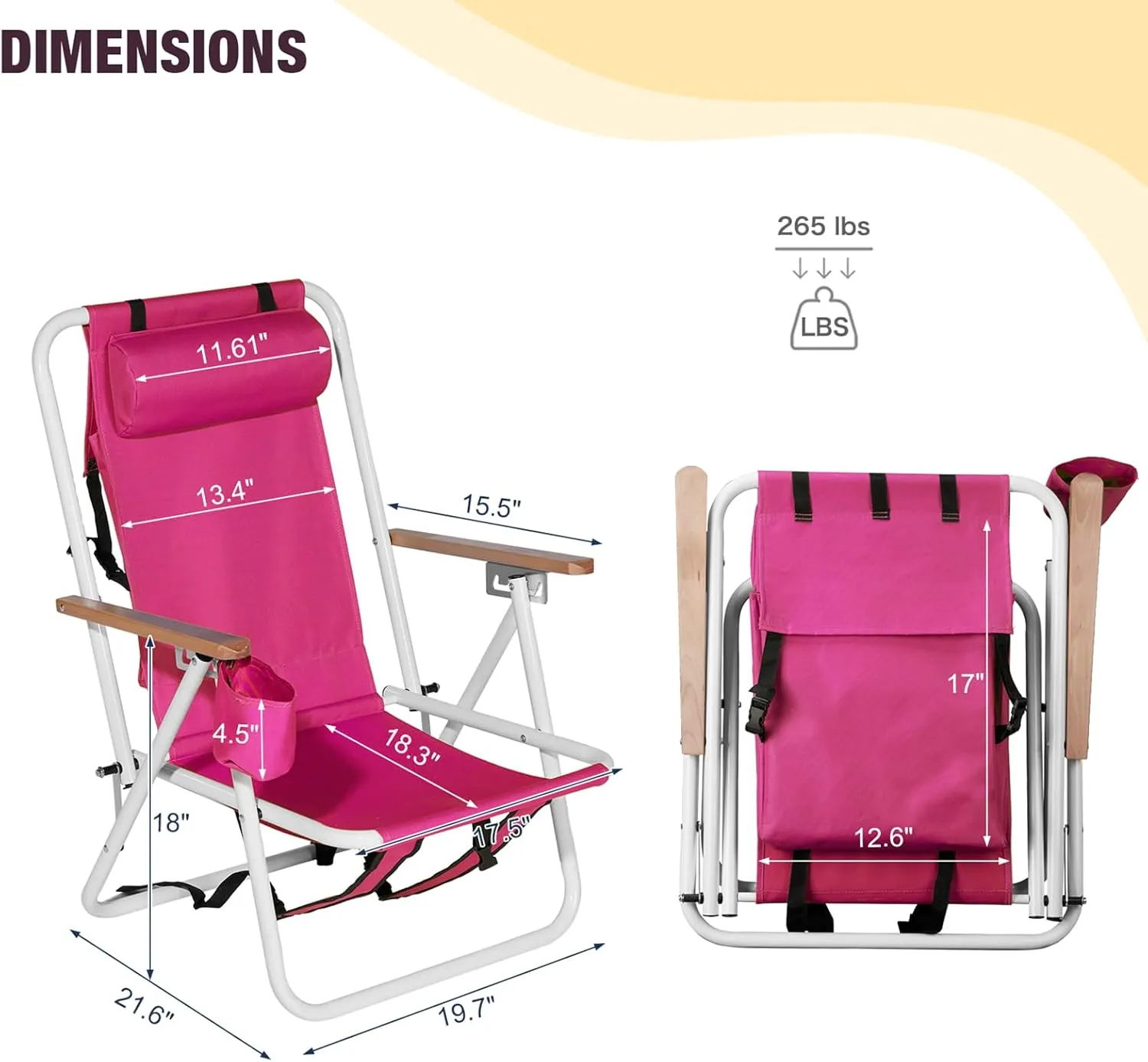 Folding Beach Chairs for Adults 2 Pack,Lightweight Reclining Backpack Camping Chair with Headrest Cup Holder and Wooden Armrests,Collapsible Compact Lawn Chair for Outdoor,Camp,Hiking,Pink 2 Pcs