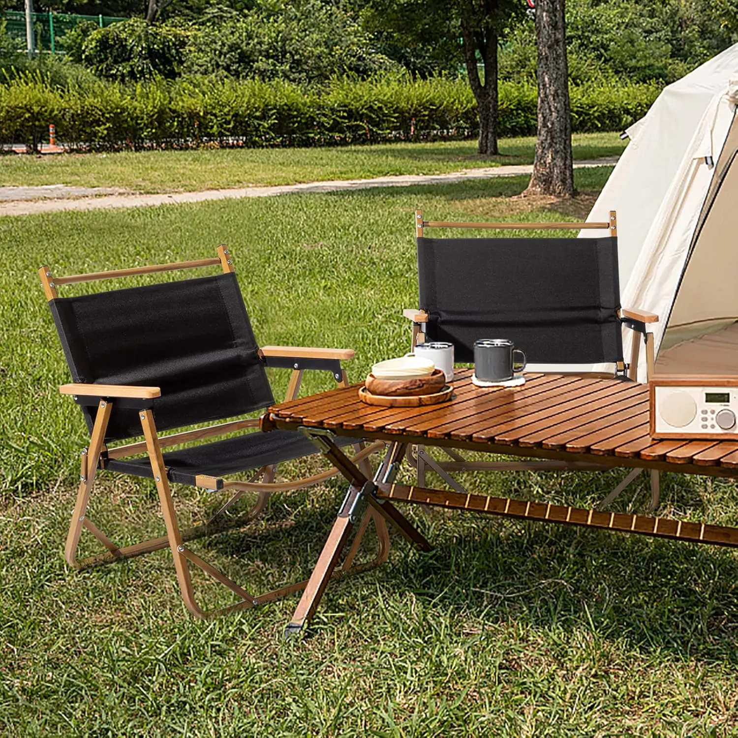 Folding Camping Chair, Aluminum Frame 600D Khaki Oxford Cloth Bearing 220lbs Imitation Wood Grain Spray Paint Camping Chair (Black)
