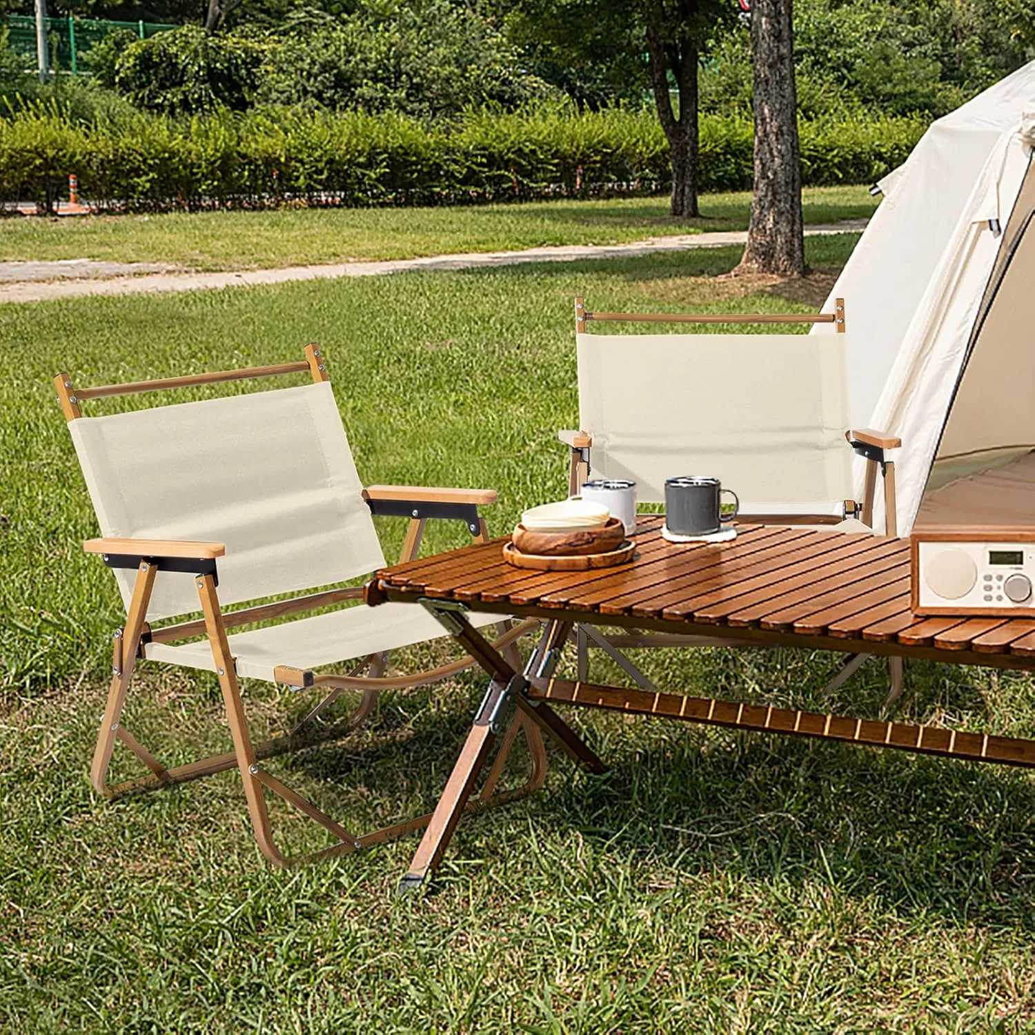 Folding Camping Chair, Aluminum Frame 600D Khaki Oxford Cloth Bearing 220lbs Imitation Wood Grain Spray Paint Camping Chair (Khaki)