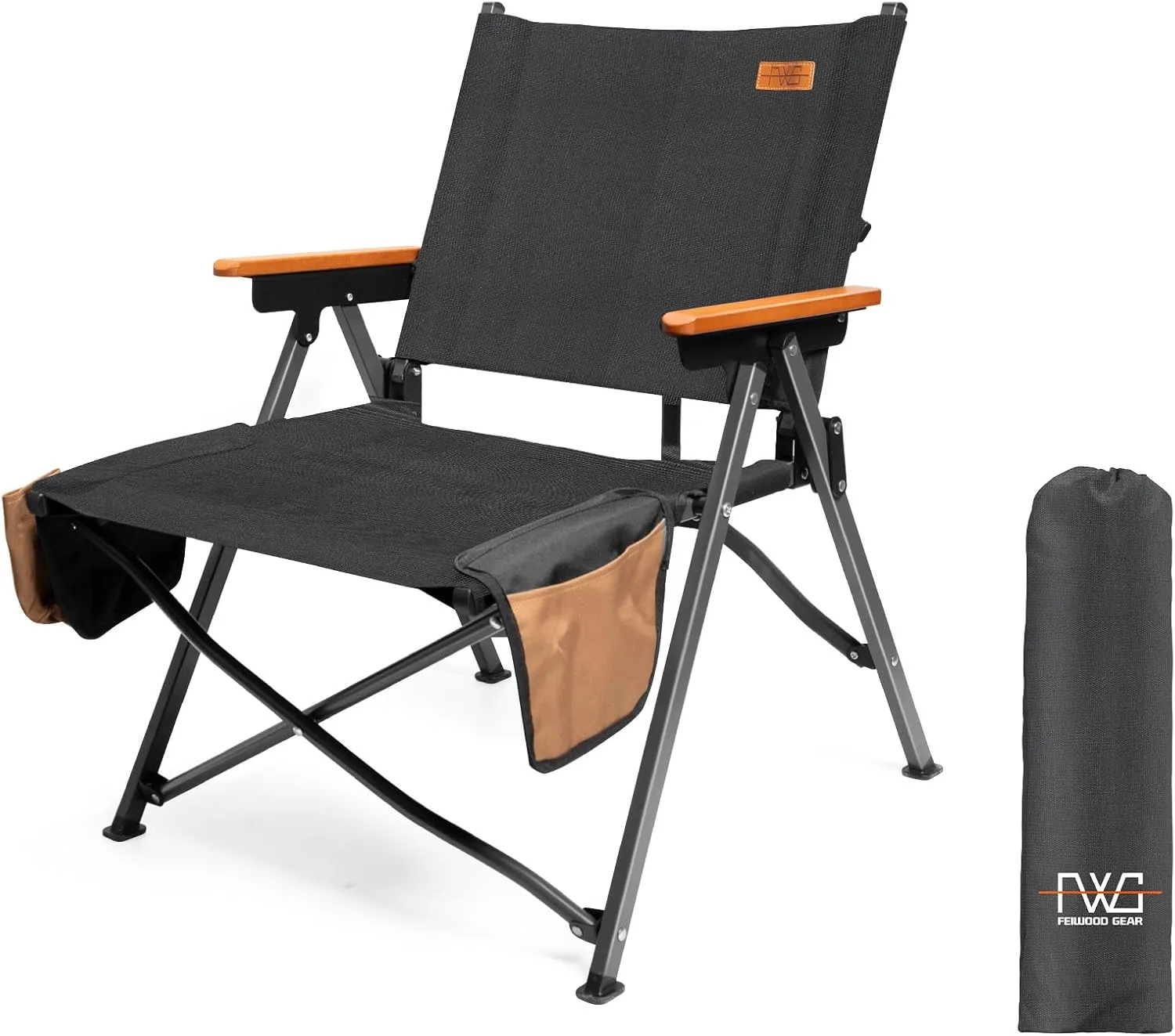 Folding Camping Chair | Portable with Wood Armrests, Side Pockets & Cup Holder | Ergonomic Design for Ultimate Comfort | Perfect for Beach, Picnic and Fishing